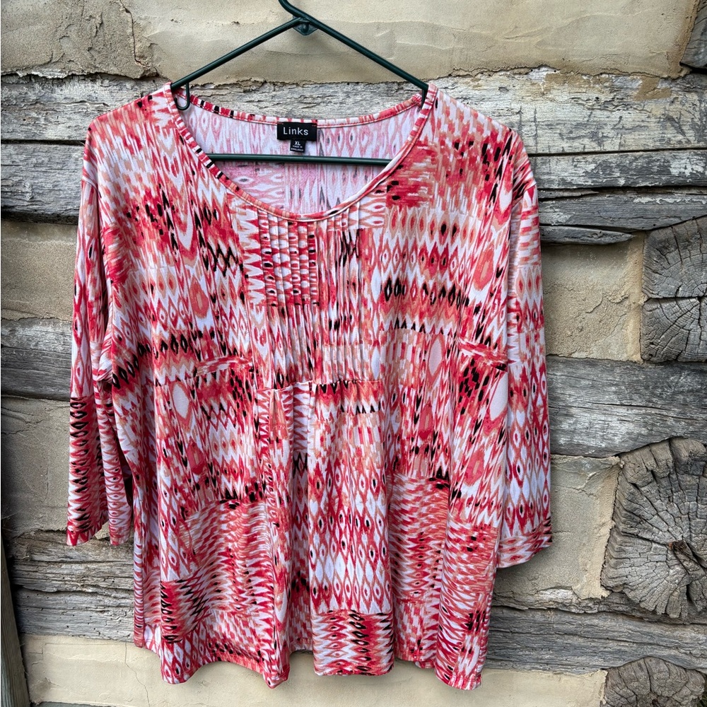Links Women's Orange and Black Patterned Top 3/4 Sleeves Size XL